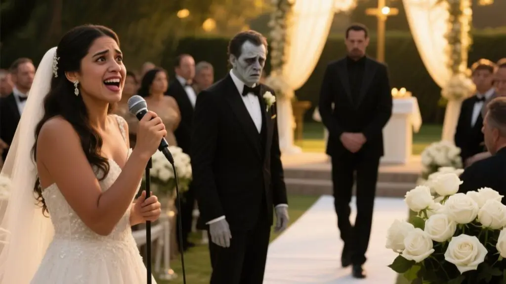 Novia con micrófono señalando a su hermana en una boda de lujo mientras un hombre de traje negro entra al altar