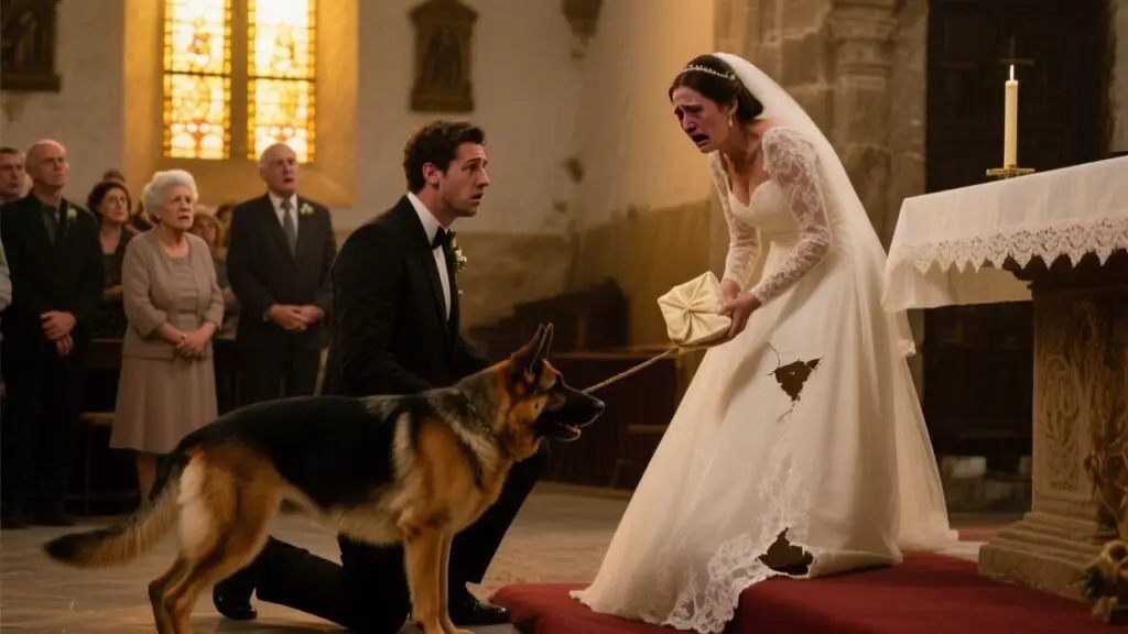 Perro pastor alemán junto a los novios en el altar de una iglesia, con un paquete envuelto en tela crema en el suelo