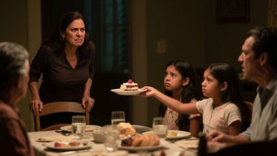 Madre tomando de la mano a sus dos hijas mientras abandona una cena familiar