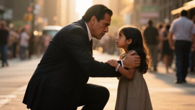 Niña de suéter amarillo tocando la ventana del auto de Dante, mostrando una pulsera plateada con forma de corazón partido