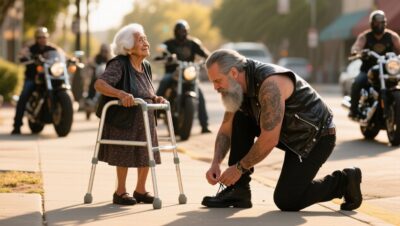 Motero arrodillado en la acera atando los zapatos de una anciana de 84 años junto a su caminador