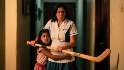 Madre con delantal sosteniendo un palo de hockey frente a su hija adolescente con casco rayado en una banqueta de noche