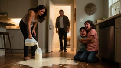 Hombre llegando a casa encuentra a mujer derramando leche en el piso mientras dos niños lloran abrazados en la cocina