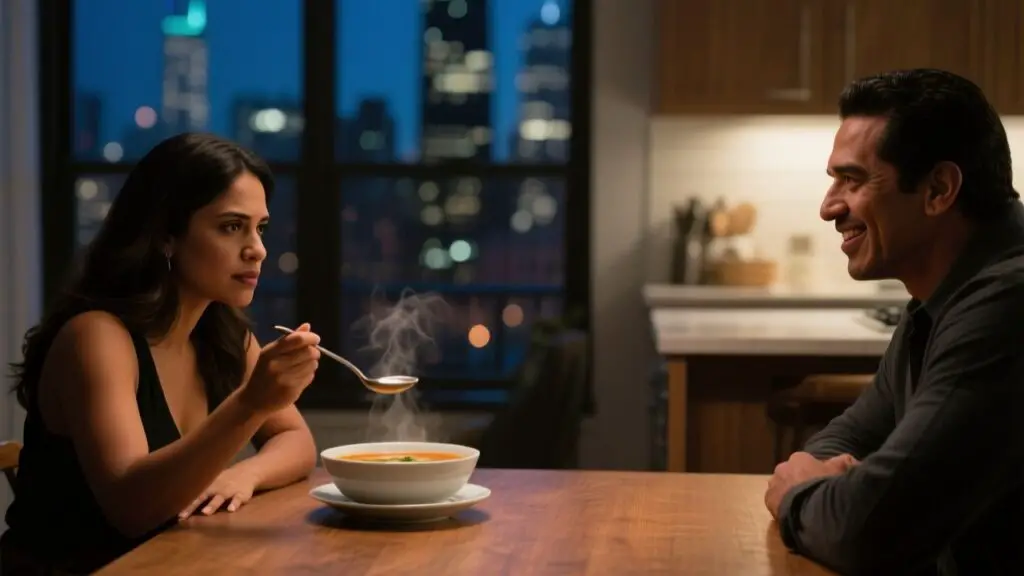 Mujer sentada frente a un tazón de sopa de verduras en una cocina elegante de Lincoln Park, mirando fijamente a su esposo al