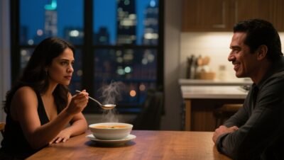 Mujer sentada frente a un tazón de sopa de verduras en una cocina elegante de Lincoln Park, mirando fijamente a su esposo al