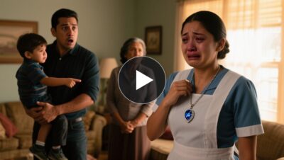 Niñera con lágrimas mostrando un collar de piedra azul frente al padre que sostiene a su hijo pequeño en brazos