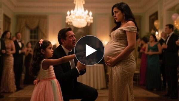 Ilustración de una fiesta elegante en una mansión donde una niña pequeña golpea el vientre de una mujer embarazada