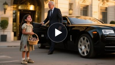 Niña con cesta de chocolates artesanales frente a un hotel de lujo en Madrid