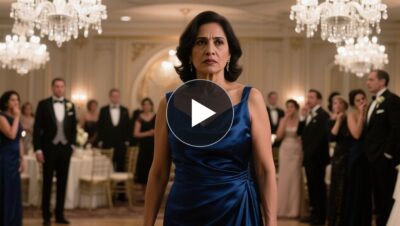 Madre con vestido azul marino de cuarenta años en la boda de su hijo, frente a invitados elegantes que la observan con desdén
