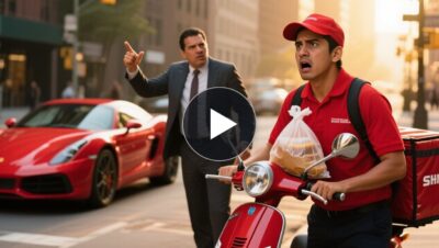 Empleado de camisa blanca golpea a repartidor de uniforme amarillo junto a un superauto rojo en el estacionamiento.