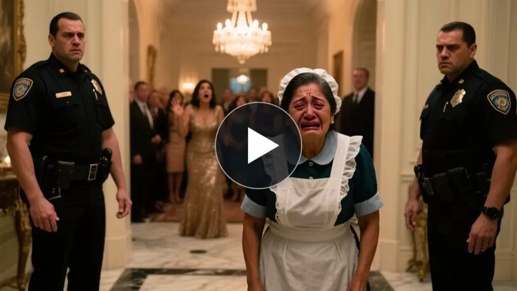 Doña Teodora, anciana de delantal, recibiendo una bofetada en el vestíbulo de mármol frente a invitados de gala