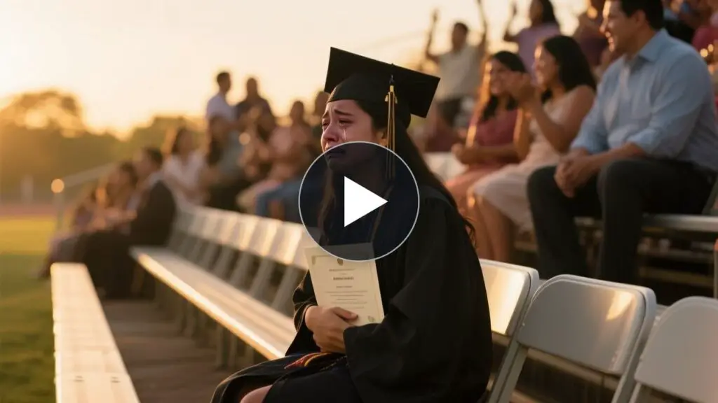 Joven graduada sosteniendo su diploma sola mientras observa un asiento vacío en las gradas de la ceremonia