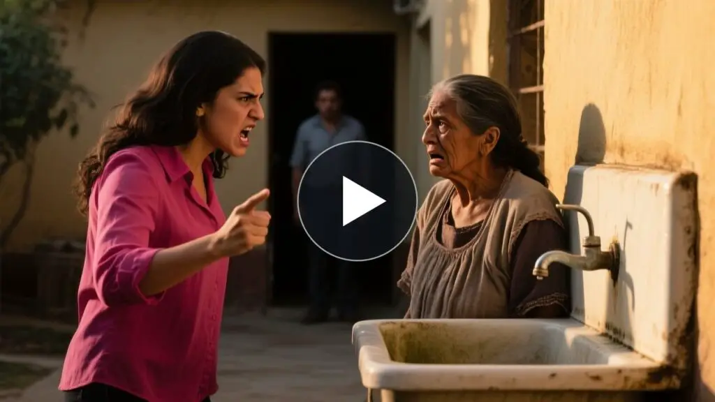 Nuera de blusa fucsia abofeteando a su anciana suegra junto al lavadero del patio, sin ver al esposo oculto entre las sombras
