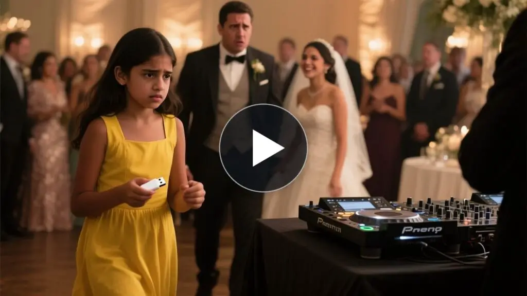 Niña de vestido amarillo caminando entre las mesas de una boda hacia la mesa del DJ con una memoria USB blanca en las manos