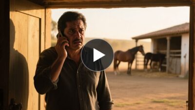 Padre preocupado mirando su teléfono tras una llamada, mientras su hijo está en el establo con los caballos