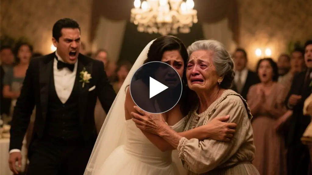 Novia elegante rechazando con gesto de asco el abrazo de su suegra, una mujer humilde con manos de tierra, frente a los invit