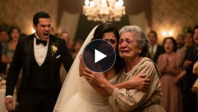 Novia elegante rechazando con gesto de asco el abrazo de su suegra, una mujer humilde con manos de tierra, frente a los invit