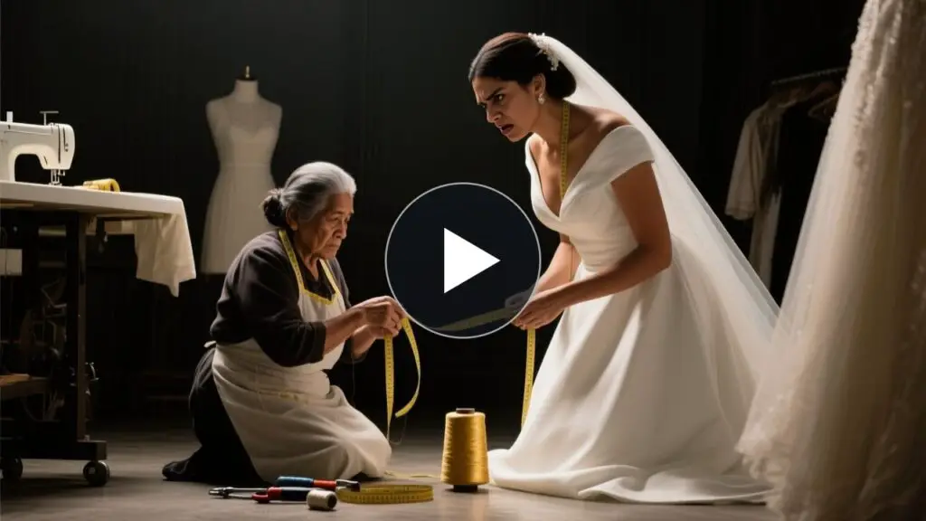 Costurera mayor cosiendo a mano un vestido de novia con pedrería en un taller pequeño