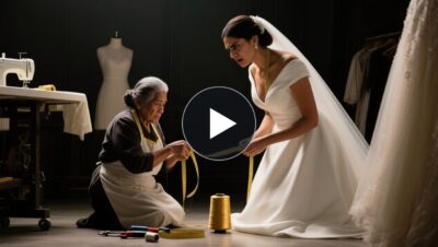 Costurera mayor cosiendo a mano un vestido de novia con pedrería en un taller pequeño