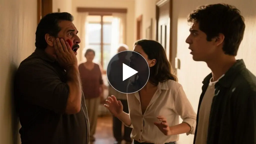 Elena señalando a Manuel en el descansillo de la casa de Triana mientras él mira una pequeña cámara negra