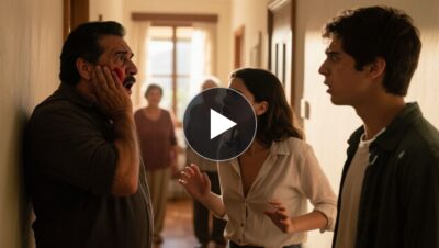 Elena señalando a Manuel en el descansillo de la casa de Triana mientras él mira una pequeña cámara negra