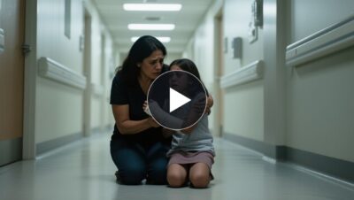 Niña de siete años con férula en la muñeca sentada en camilla de urgencias junto a su madre
