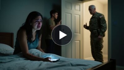 Mujer con moretones sentada en la cama mientras un comandante la interroga y ella esconde un teléfono bajo las sábanas